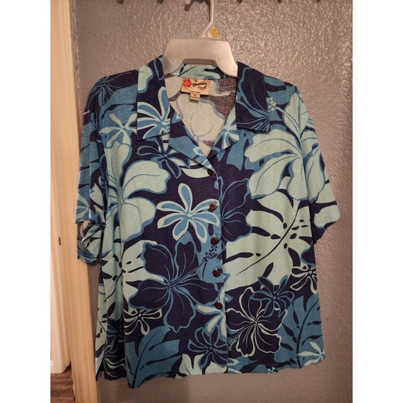 NWT Hilo Hattie Womens Blue Hawaiian‎ Shirt Aloha Camp Hibiscus Short Sleeve - Picture 1 of 5